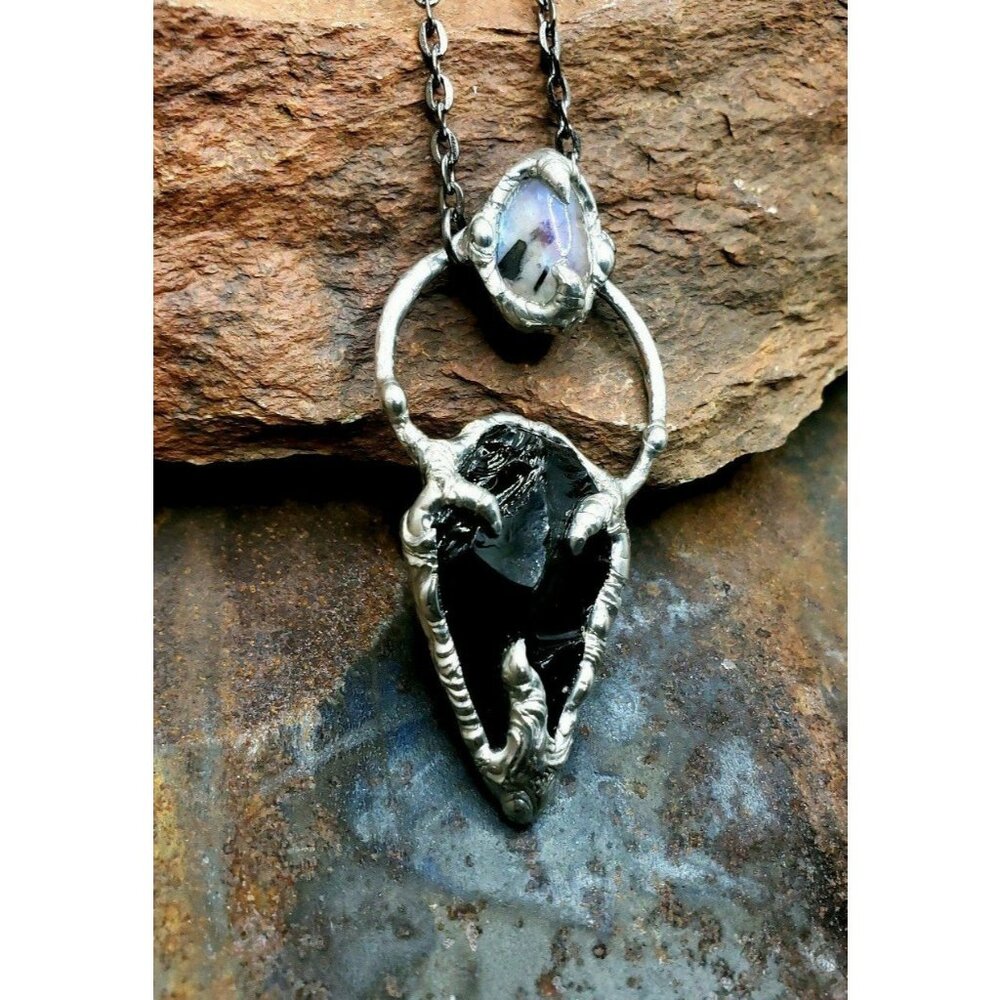 Obsidian Arrowhead and Moonstone Crystal Necklace